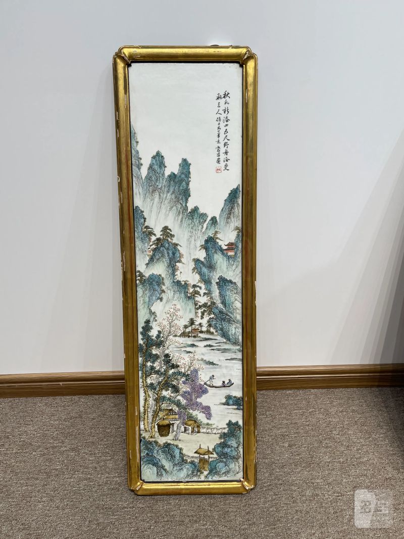 民国 陈宝昌画粉彩山水纹瓷板一对 - 图2